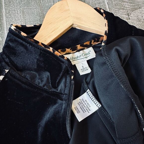 Coldwater Creek Black Cheetah Trim Velour Velvet Zip Jacket Top S - Picture 4 of 4